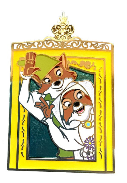 a disney robin hood pin. this pin features the scene where robin hood and maid marion are just married and are waving goodbye out the window of their carriage.