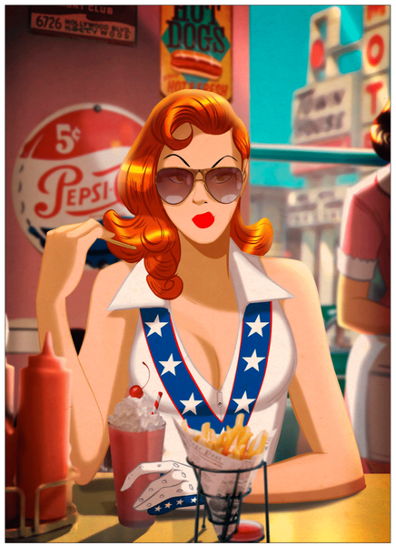 a woman is sat in an american cafe holding a milkshake. there is a cone of chips on the table.