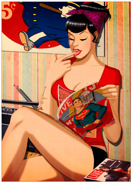an art piece of a woman reading a magazine. she has black hair and is wearing a red top and black knickers. the magazine has superman on the front cover. she is licking her finger to turn the page.