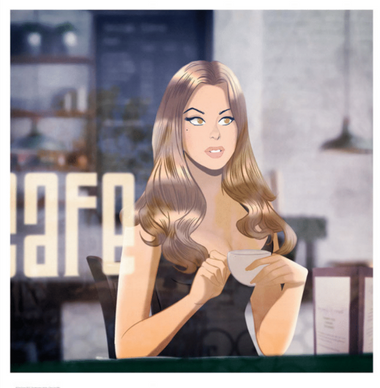 an art piece of a woman sat in a coffee shop. the point of view is outside the shop looking in through a window. a woman with blonde hair is gazing out the window holding a mug of coffee.