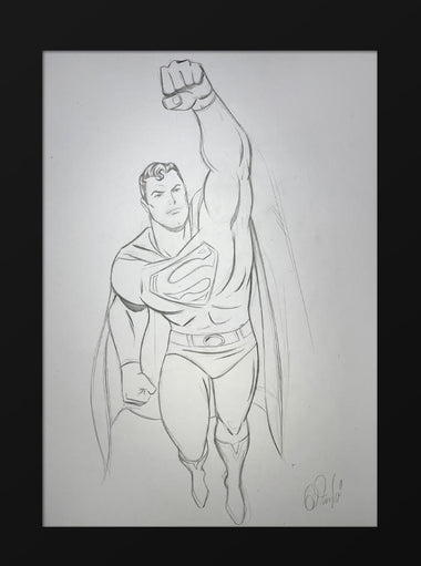 original pencil drawing of superman in flight.